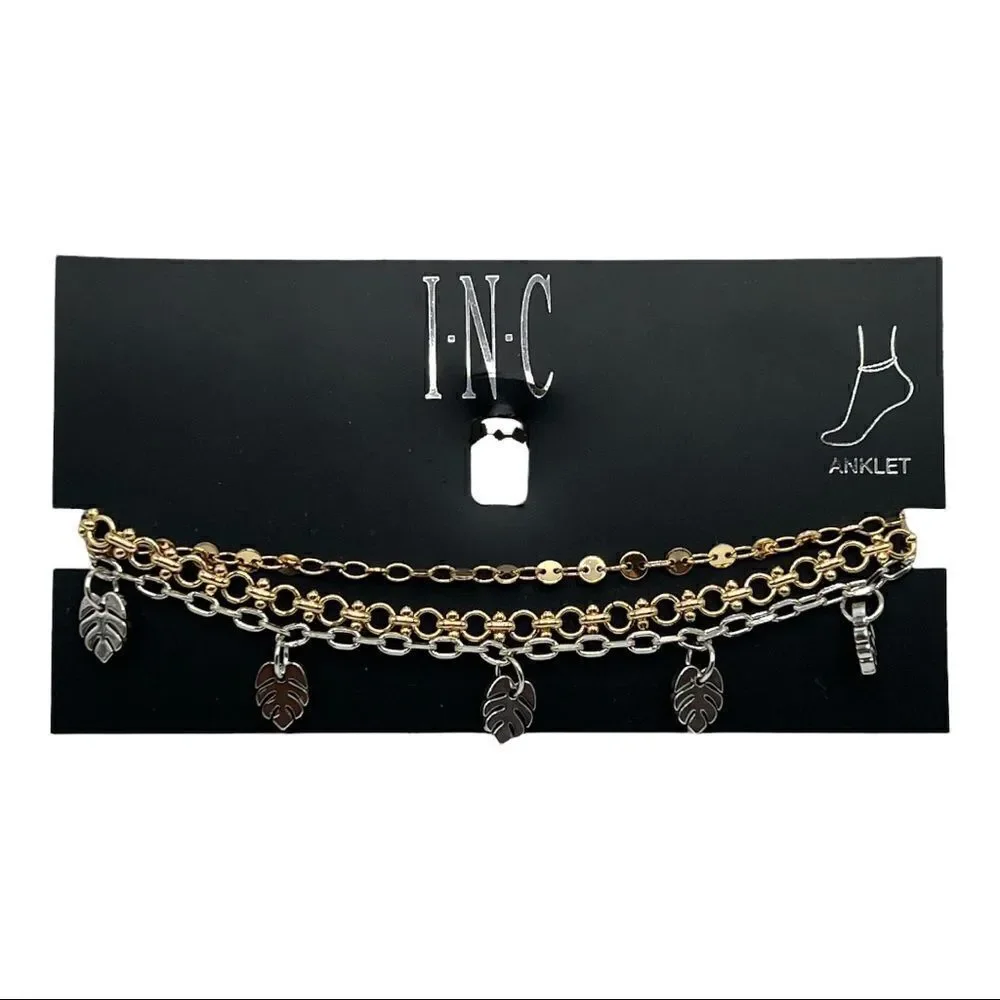 INC Two-Tone 3 Piece Set Palm Leaf Charm Chain-Link Anklets Ankle Bracelets New